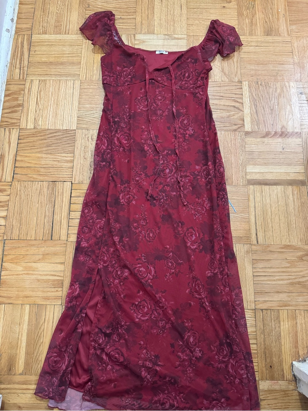 Ardene Burgundy Floral Lace-Trim Maxi Dress